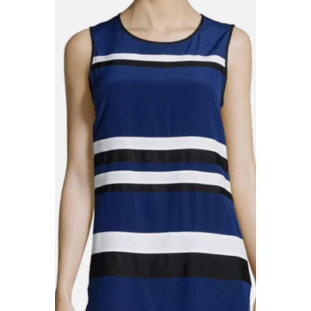 St. John Sleeveless Striped Silk Tunic Top Size S Blue White Black Side Slit‎
